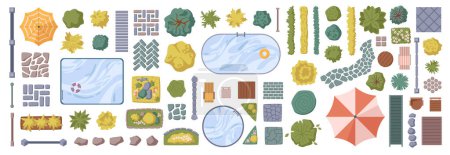 Illustration for Decoration and objects for landscape design. Vector flat cartoon style, isolated pool and bushes, tile and bricks, umbrella for shade and plants for outdoors. Yard or garden decor for outside - Royalty Free Image