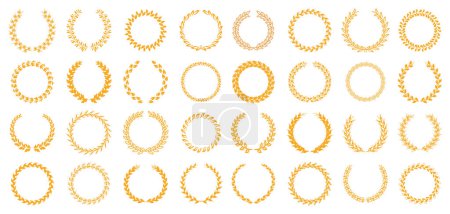 Illustration for Laurel gold wreath and leaves, winner award for victory and success. Vector flat cartoon style, isolated symbol of triumph and honor, champion prize. Icons or frames for copy space text - Royalty Free Image