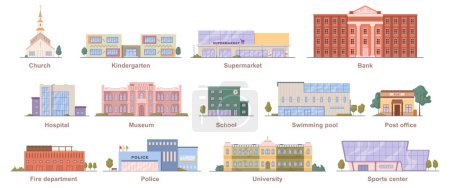 Illustration for City infrastructure and municipal buildings. Vector flat cartoon style, isolated church and kindergarten, supermarket and bank, post office and hospital. Swimming pool and school, police - Royalty Free Image