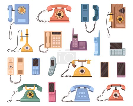 Illustration for Evolution of mobile and stationary phones. Vector flat cartoon style, development and advancement of technologies. Smartphones with screens and communicators, camera and internet access abilities - Royalty Free Image