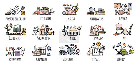 Illustration for Subjects for school or university. Vector flat cartoon icons for students curriculum. Education and knowledge gaining. Physical education and economics, literature and English, mathematics and history - Royalty Free Image