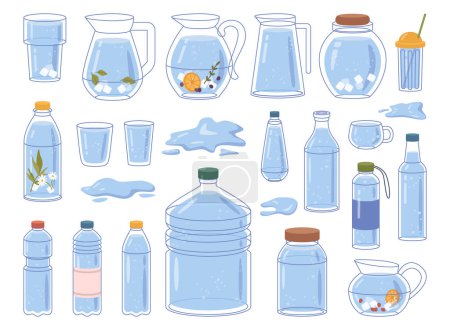 Illustration for Glasses and bottles, containers and jugs, cups and puddles of water. Vector flat cartoon, isolated liquids and aqua for drinking. Purified products for consumption, lemonade or detox beverage - Royalty Free Image