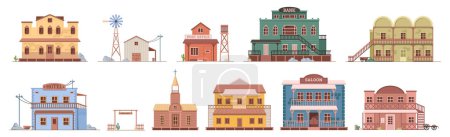 Wild west buildings exterior, isolated facades of wooden houses and homes. Vector flat cartoon, city street or infrastructure of American small town with cowboy culture or old traditions