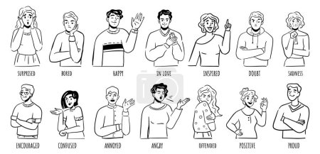 Illustration for Emotional people showing emotion and expressions. Vector flat cartoon, isolated men and women with surprised face, happy or annoyed, positive or proud, confused or encouraged, in love or inspired - Royalty Free Image