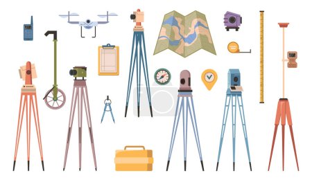 Illustration for Surveyor or geodesy professional equipment. Vector flat cartoon, isolated map and measuring tape, tools and instrument for specialists. Geodesic tripod and walkie talkie, drone and cameras - Royalty Free Image