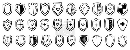 Monochrome shields doodles with cross or heart. Vector flat cartoon style, isolated protection and healthcare, safety and security concept. Health organization or wellbeing, hospital or clinic