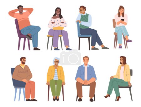 Illustration for Relaxed and happy personages sitting on chairs. Vector flat cartoon characters with smile on face. Posing men and women of different age. Visitor of clinic or customer, cheerful citizens - Royalty Free Image