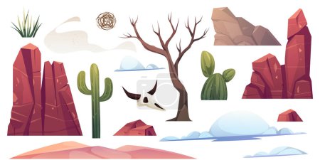 Illustration for Wild west desert landscape elements for composition. Vector isolated mountain hills, cactus and dry tree. Bush and sand dunes, fluffy cloud and tumbleweed, skull of dead animal with horns - Royalty Free Image