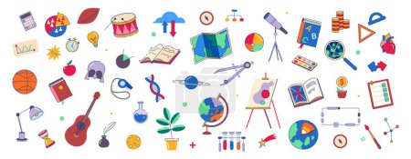 Illustration for Subjects in school or college, isolated flat cartoon icons for disciplines. Vector disciplines for students. Geography and math, English and art, physical education and physics, geology and biology - Royalty Free Image