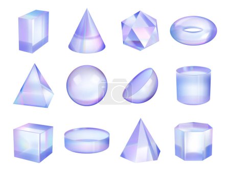 Illustration for Geometric gradient holographic figure or shape. Vector isolated 3d realistic figurines, pyramid and cone, sphere and semicircle, podium and square box. Glass or transparent unblurred crystals - Royalty Free Image