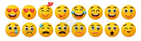 Illustration for Funny emotions, isolated faces with expressions. Vector laughing and crying, sad and happy, in love and furious or angry. Wow amazed or surprised personage, joyful character head - Royalty Free Image