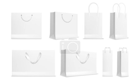 Bolsa de compras de papel ilustración vectorial aislado de paquetes realistas tienda blanca. Plantilla de bolsas de comprador vacías, paquetes de centro comercial de supermercados. Bolsas de regalo al por menor, productos de mercancía de venta