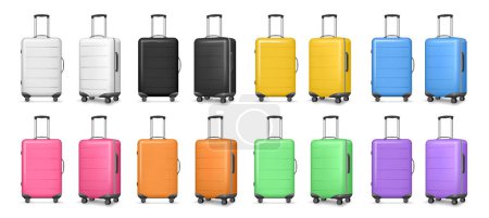 Illustration for Travel bag with handle, airport suitcase in different colors. Vector illustration of luggage suitcases, travel abroad accessories, handbag baggage element, holiday journey vacation suitcase - Royalty Free Image