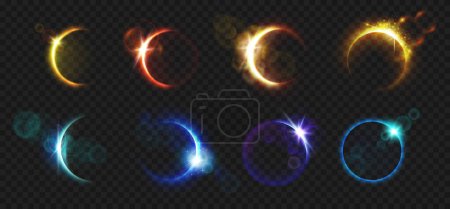 Illustration for Ellipse glowing element of neon or sparkles. Background of modern ellipse design, sparkling geometric shapes of blue or yellow color. Circular twisting sparkles, game interface element - Royalty Free Image