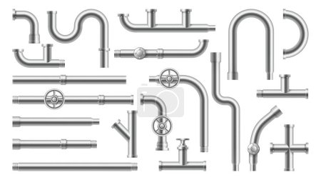 Illustration for Stainless steel and metallic pipes, plumbing fittings. Vector water, fuel or gas supply system, oil refinery industry pipeline, house sewer bolted sections. Isolated 3d realistic connections - Royalty Free Image