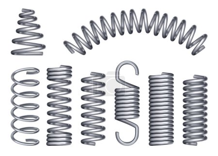 Illustration for Compressed, extended coils, spirals icons. Vector set of various shaped metal springs tapering, expanding in different places. Heliciform helicoid, spiraliform objects collection isolated - Royalty Free Image