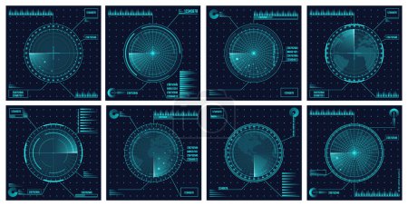 Illustration for Digital blue realistic vector radar with targets on monitor in searching. Air search and military defense systems. Navigation interface and navy sonar display or interface with scanners - Royalty Free Image