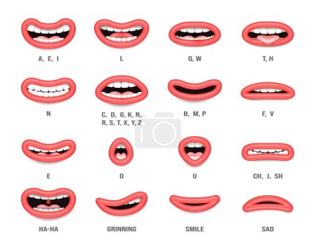 Realistic mouth sync. Vector talking lips for cartoon character animation and english pronunciation signs. Isolated female or make emotions and speaking articulation set with letters of language