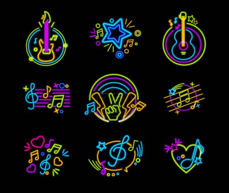 Illustration for Neon music signs for clubs, disco and bars. Vector isolated set of icons with guitar, glowing lights with stars and notes. Show and entertainment at night, nightlife and party announcement - Royalty Free Image