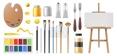 Illustration for Realistic artist kit, equipment for drawing paintings. Vector isolated 3d brushes with different bristle thicknesses, tubes and palettes with paints. Sharp pencils and easel with blank canvas - Royalty Free Image