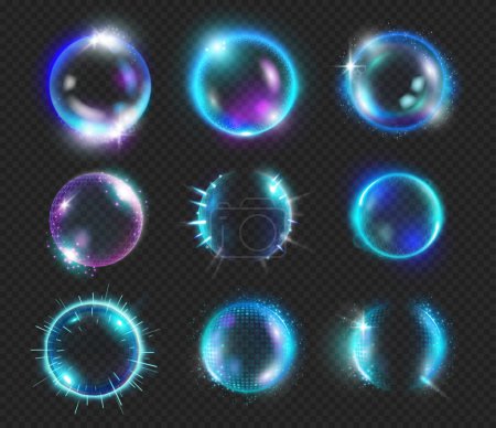 Illustration for Shield glowing sphere, protection and defense concept. Vector isolated bubbles with illumination, cybersecurity and UVA, medicine and cosmetics effects and helping properties, glass globe - Royalty Free Image