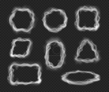 Ilustración de Marcos geométricos realistas con humo y vapor. Conjunto aislado vectorial de bordes ahumados, cuadrados y triángulos, óvalos y círculos con niebla o neblina. Hinchazón niebla y efecto nublado textura de los iconos - Imagen libre de derechos