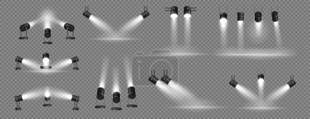 Illustration for Projector illuminating scene to place, isolated spotlights with direction on spot. Vector isolated realistic lights for movies or theaters, product presentations or displays for advertisement - Royalty Free Image