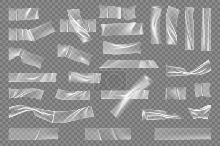 Illustration for Crumpled realistic plastic strip with creased texture and folding. Vector isolated sticky tape or bandage, path, or foil with wrinkles. Polyethylene product set of adhesive clear stripes - Royalty Free Image