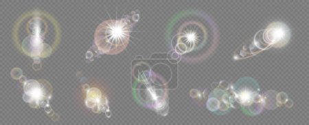 Illustration for Realistic sun flare with lights, reflection on photography camera or glass surface. Vector isolated twinkle or glow, burst or bokeh, glitter or shiny ray and bubbles sparkling bright set - Royalty Free Image