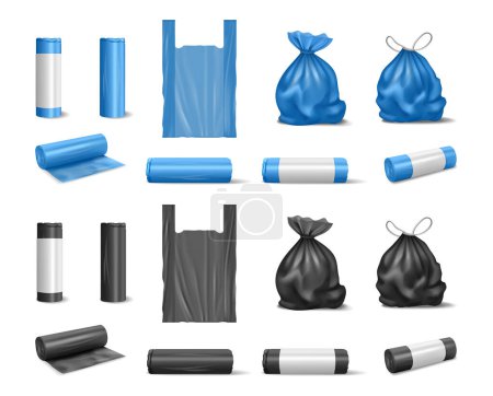 Illustration for Empty and filled trash bags, isolated realistic sacks in roll with label. Vector rubbish biodegradable packets for disposing litter. Ecologically friendly recycling alternative, mockup of polyethylene - Royalty Free Image