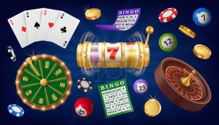 Illustration for Realistic casino games, isolated roulette and 777 slot machine. Vector bingo ticket with numbers and numbered balls, cards and poker chips. Golden coins and success prize, jackpot gambling - Royalty Free Image