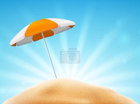 Illustration for Summer season fun, empty beach with parasol protecting from sun light. Vector background with sky and ways, stripped umbrella. Vacation and rest on seaside, exotic vibes and relax on coast - Royalty Free Image