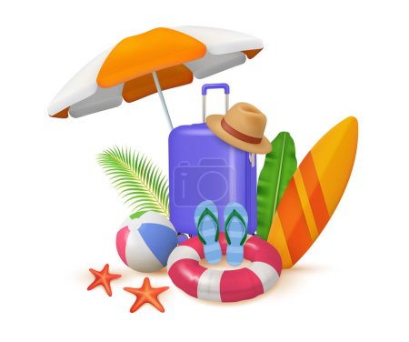 Illustration for Tropical vacation, isolated summertime season items for holiday. Vector parasol protecting from sun, baggage and surfing board. Exotic plants leaves, flip flops and lifebuoy, volleyball ball - Royalty Free Image