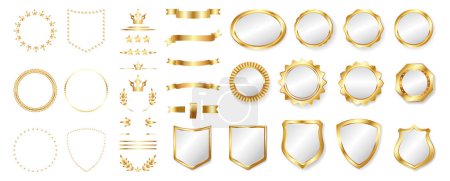Illustration for Victory medal awarded, golden ribbons and certificate labels. Vector trophy award banners, prize winner certificates, champion prizes sign with laurel branches, gold crown and badge banners - Royalty Free Image