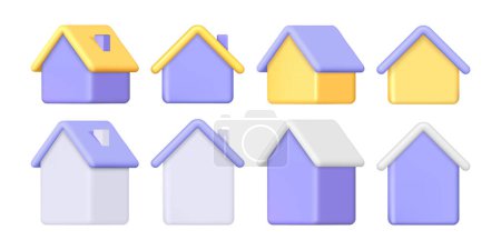 Illustration for Blank homes with roofs and chimney, empty walls. Vector isolated set of houses, construction buildings in front and side view. Cottage or apartment for living, real estate or housing concept - Royalty Free Image
