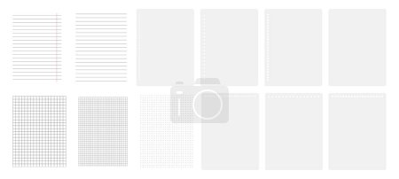 Illustration for Diary or notebook blank pages with lines, grid and dots. Vector isolated sheets with binder holes on side or top. Notepad or memo organizer, mockup with copy space. Office and school supplies - Royalty Free Image