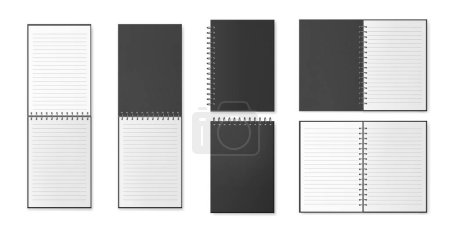 Illustration for Diary or notebooks with open pages and covers. Vector isolated realistic sketchbooks or pocketbooks, memo sheet with lines for writing or taking notes. Organizer, school or office supplies mockup - Royalty Free Image