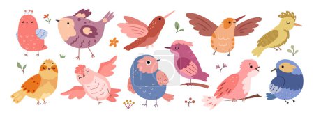 Illustration for Cute spring birds characters flying and sitting on branches, surrounded with floral design elements. Vector birdie garden inhabitant collection with decorative flower blossoms and plant twigs - Royalty Free Image