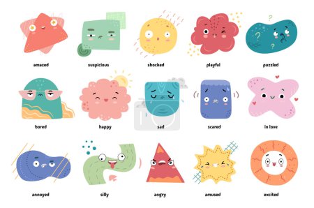 Illustration for Abstract cute face emotions. Vector simple shapes mascots. Amazed and suspicious, shocked and playful, puzzled and bored, happy and sad, scared and in love, annoyed and silly, angry, amused and exited - Royalty Free Image