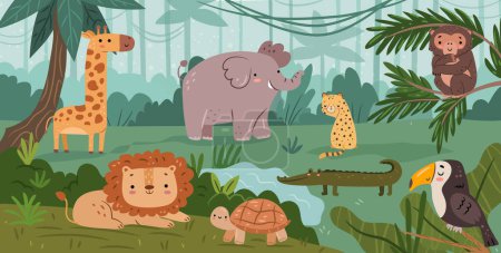 Illustration for Cute jungle animals in natural habitat, reserve or zoo park. Vector rainforest with elephant and giraffe, lion and turtle, leopard and toucan, monkey and alligator. Tropical forest with lianas - Royalty Free Image