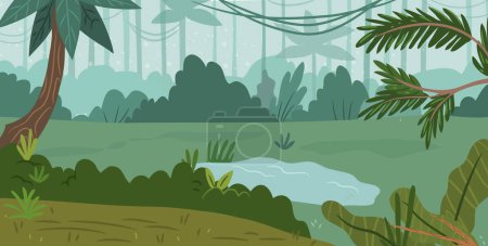 Ilustración de Selva vista bosque, lugar de animales tropicales que viven habitación. Paisaje vectorial con árboles ecuatoriales verdes y lianas, plantas y arbustos. Vida silvestre panorámica con paisaje de selva tropical - Imagen libre de derechos