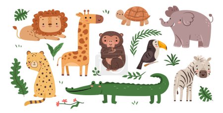 Téléchargez les illustrations : Animaux de jungle mignons et des personnages de bois et de savane avec des plantes à feuilles tropicales. Toucan isolé vecteur, lion et éléphant, girafe et crocodile, léopard et zèbre, tortue et singe - en licence libre de droit