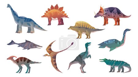 Illustration for Extinct animals from prehistoric period, isolated set of dinosaurs. Vector dino triceratops and stegosaurus, jurrasic creatures and species with wings, fins and claws. Marine and land wild reptile - Royalty Free Image