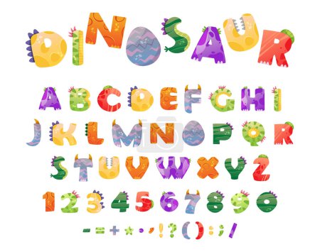 Ilustración de Fuentes infantiles dinosaur para tipografía y decoración infantil. Conjunto aislado vectorial de letras, alfabeto ABC, números y caracteres especiales o signos de puntuación con colas de dinar, caras o picos - Imagen libre de derechos