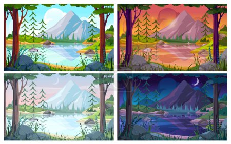 Illustration for Natural picturesque landscape with lake, mountains and forest in different periods of day. Vector scenery for game, day and night, evening and dawn. Spring or summer season, vacation scene - Royalty Free Image