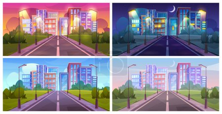 Illustration for Urban landscape at different times of day, daylight and sunset, sunrise and evening or night. Vector set of roads with skyscrapers in distance. Cityscape or town district area, path to city - Royalty Free Image