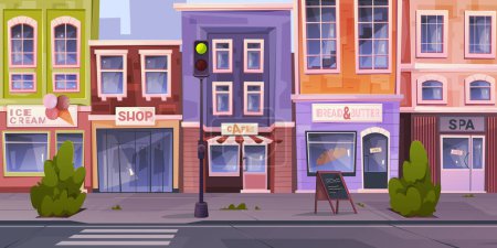 Illustration for Urban landscape of small local business shops and stores. Vector city street with ice cream, cafe, spa and bread and butter service. Pedestrian crossing and traffic light on road, infrastructure - Royalty Free Image