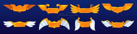 Illustration for Winged golden badge, isolated set of empty plates for copy space. Vector game blank emblems for level or rank, menu or gaming achievement of users. UI element of interface, gold shields - Royalty Free Image