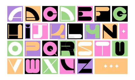 Illustration for Typography brutalist fonts and abc letters for modern or retro graphics and design. Vector alphabetic typeface, aesthetic letters with stars and twinkle. Trendy typographic typeset for placards - Royalty Free Image