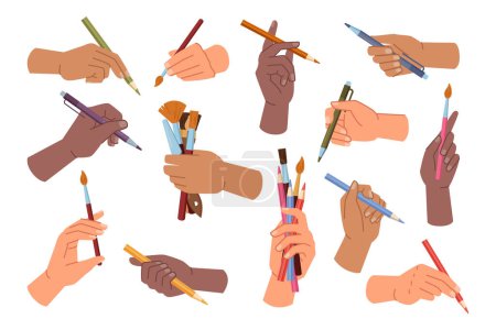 Illustration for Artist hand holding equipment and tools for creating drawings and paintings. Vector isolated set of arms with pencils, crayons and pens, brushes with different shape and thickness of bristle - Royalty Free Image